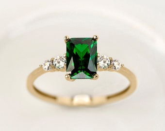 14k gouden Octagon Cut Emerald Ring • 18k Emerald verlovingsring • Massief gouden ring • Verlovingscadeau voor haar • Ring voor moeder • Moederdag