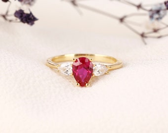 Drop Cut Ruby Gold Ring, 18k Ruby Engagement Ring, Solid Gold Ring, Engagement Gift For Her, Ring For Mom, Mothers Day