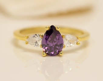 Drop Amethyst Gold Ring, Pear Cut Amethyst Gold Ring, 14K Amethyst Ring, February Birthstone, Gift For Her, Ring For Mom, Mothers Day