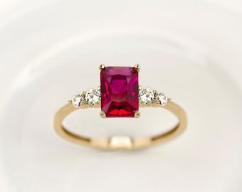 14k Gold Octagon Cut Ruby Ring, 18k Ruby Engagement Ring, 14k Solid Gold Ring, Cz Diamond Gold Ring, Mothers Day, Gift for Her