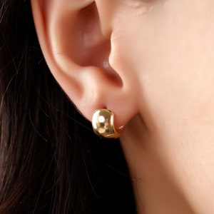 14K Gold Chunky Huggie Hoop Earrings: Wide Thick Gold Hoops