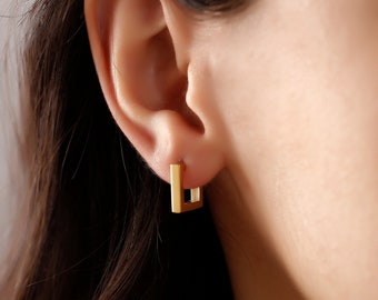 14K Square Hoop Earrings, Geometric Earrings, 18K Square Earrings, Solid Gold Geometric Earrings, Minimalist  Earring, Mothers Day