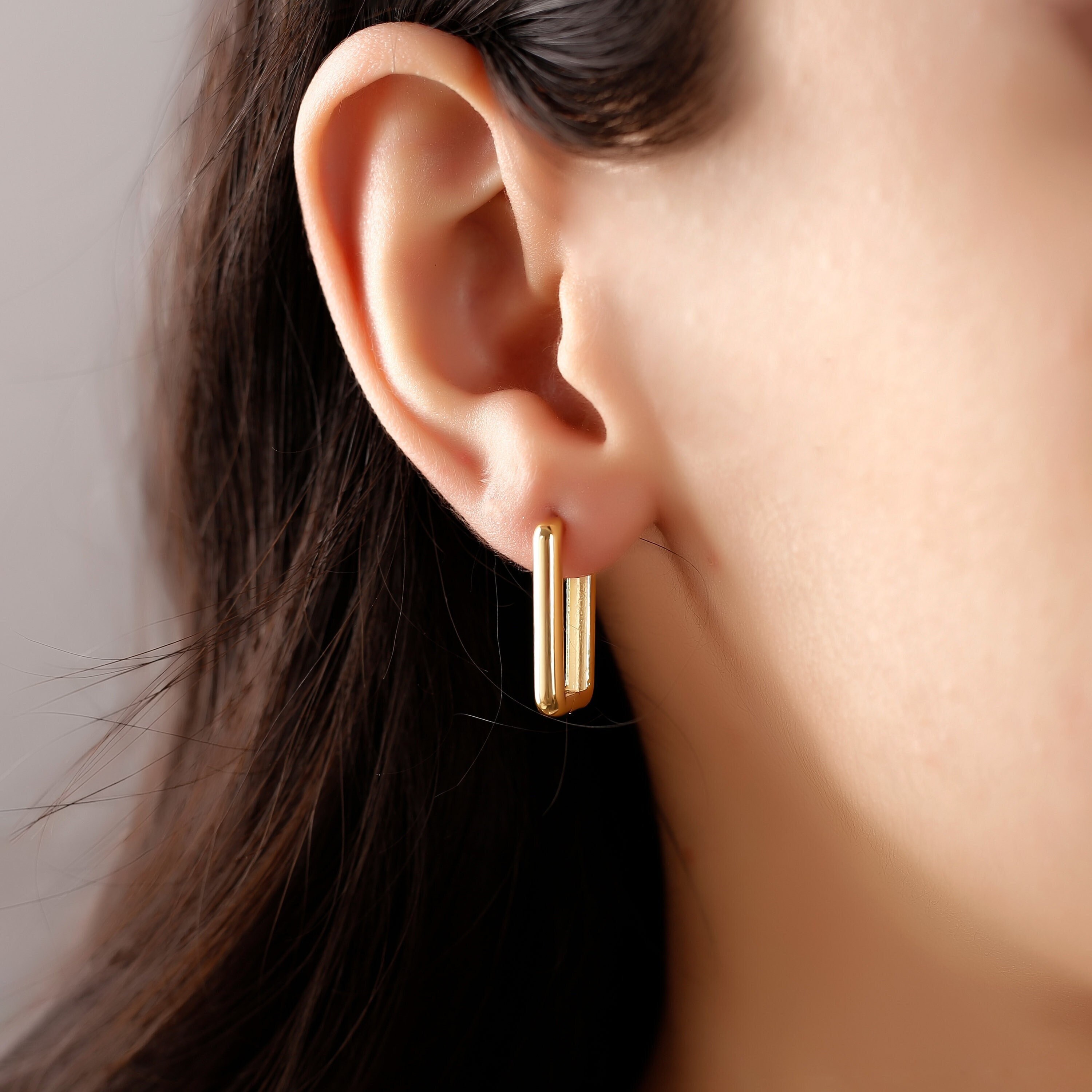 ピアス LESS IS MORE 14K gold rectangular one-touch earrings 14K Rectangle Hoop Earrings, Rectangle Gold Earrings