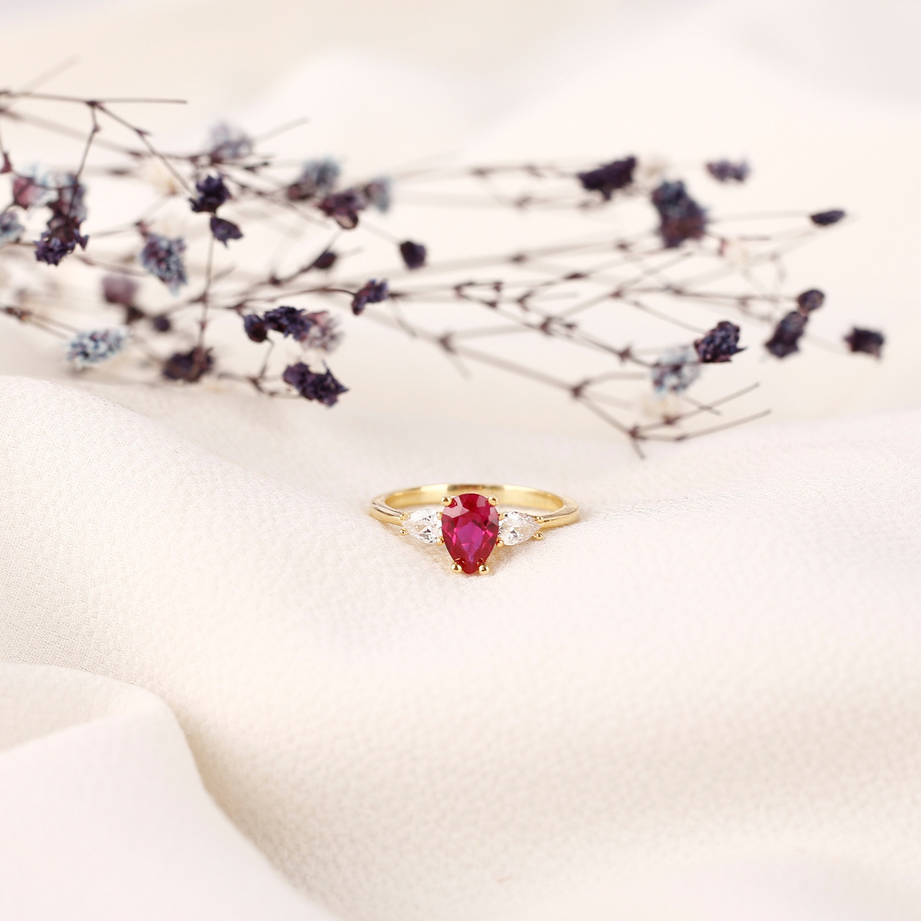 Drop Cut Ruby Gold Ring, 18k Ruby Engagement Ring, Solid Gold Ring ...