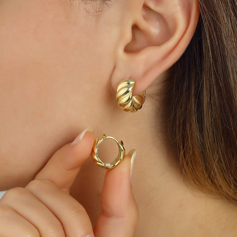 14K Croissant Earrings, 18K Croissant Hoop Earring, Spiral Earrings, Gold Croissant Earrings, Gift For Mom, Mothers Day image 1