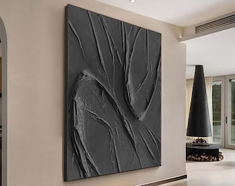 Pintura abstracta con textura negra, arte mural Wabi Sabi sobre lienzo