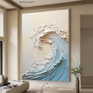 3D Blue Minimalist Beach Painting Textured Wall Art Ocean Wave Painting on Canvas Wabi-Sabi Wall Art Living Room Painting