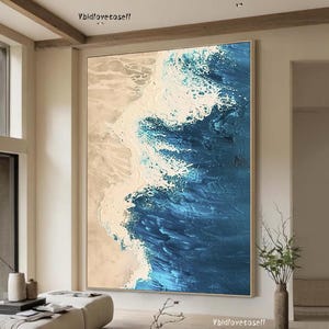 3D Blue Minimalist Beach Painting Textured Wall Art Ocean Wave Painting on Canvas Wabi-Sabi Wall Art Living Room Painting