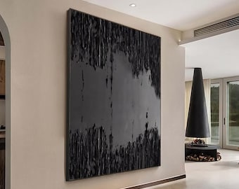 Pintura abstracta con textura negra, arte mural Wabi Sabi sobre lienzo