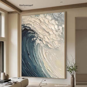 3D Blue Minimalist Beach Painting Textured Wall Art Ocean Wave Painting on Canvas Wabi-Sabi Wall Art Living Room Painting
