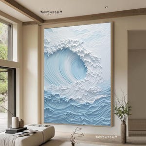 3D Blue Minimalist Beach Painting Textured Wall Art Ocean Wave Painting on Canvas Wabi-Sabi Wall Art Living Room Painting