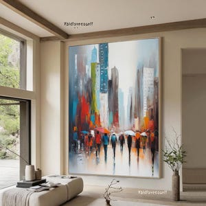 Abstract Cityscape Oil Painting, Skyline Texture, Minimalist Wall Decor