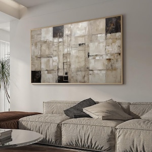 Arte murale Wabi-Sabi beige minimalista su tela, dipinto astratto minimalista beige neutro per soggiorno, dipinto astratto con texture quadrata