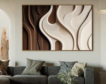 Hand-Carved Wood Wall Art, Minimalist Beige Brown 3D Abstract Sculpture