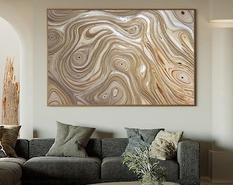 Hand-Painted Wood Carving Wall Art,Beige Minimalist Abstract Sculpture Textured Art Home Decor