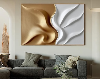 Hand-Carved Wood Wall Art, Large White & Gold Abstract 3D Texture Sculpture