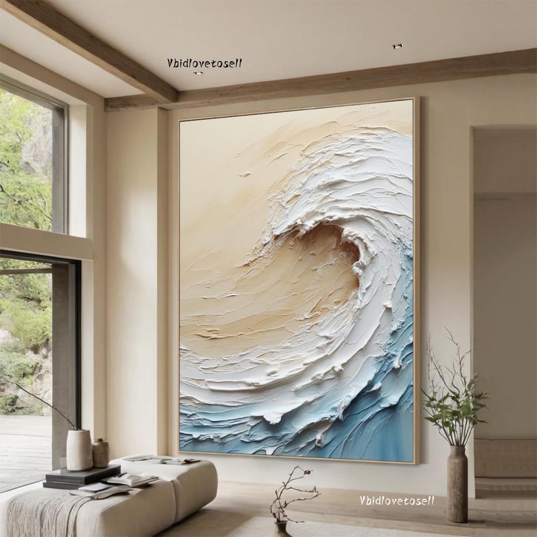 3D Ocean Wave Painting, Blue Beige Textured Beach Canvas Art - Etsy