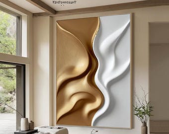 Hand-Carved 3D Wood Wall Art,White & Gold Sculptured Texture Framed Canvas