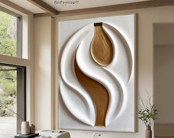 Hand-Carved 3D Wood Wall Art,White & Gold Sculptured Texture Framed Canvas