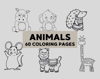 60 Animal Coloring Pages for kids, Printable kids coloring book, Colouring pages for toddlers, woodland animals, farm animals, baby animals