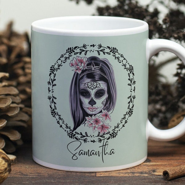 Sugar skull personalised mug sage backgroundl