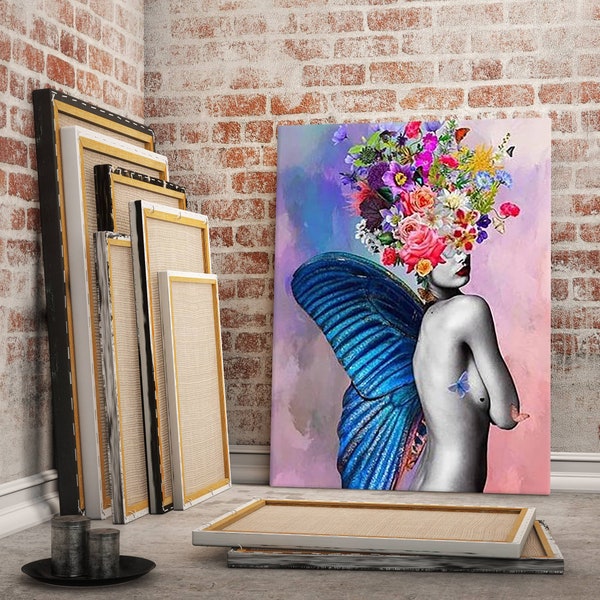 Woman With Head Covered In Colorful Flowers Canvas Wall Art Painting, Female Wall Art, Butterfly Wings Female, Home Decor