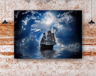 Pirate Ship And Moon Canvas Wall Art Painting, Sailboat Pirate Ship Wall Decoration, Canvas Poster, Living Room Art, Home Decor