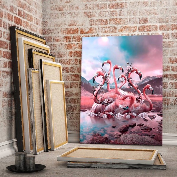 Pink Flamingo Canvas Wall Art Painting, Décoration murale toile, Art mural animal, Art de salon, Décoration intérieure