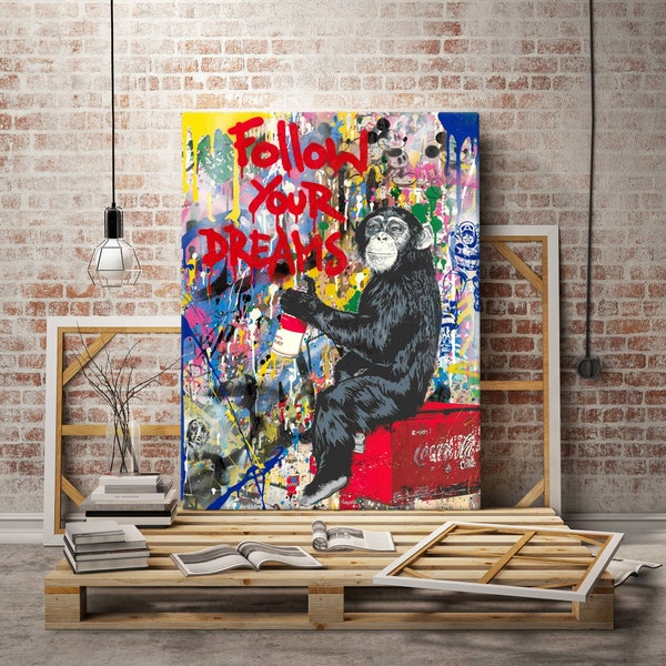 Follow Your Dreams Canvas Wall Art,Graffiti Monkey Graffiti Wall Art ,Banksy Style Graffiti Art Urban Art Contem porary Wall，Framed Canvas