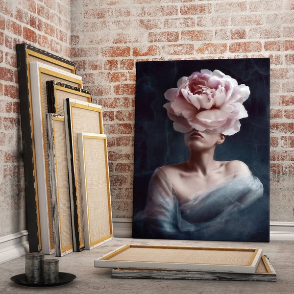 Femme Toile Art Mural, Tête de fleur blanche Femme Toile Art Peinture, Femme Toile Impression Murale avec Tête de Fleur, Femme de Mode Célèbre