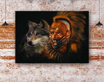 Mohawk Tribe Man With Wolf Canvas Wall Art Painting, Canvas Wall Art, Indian Art Canvas Poster, African Wall Decoration,Home Room Decoration