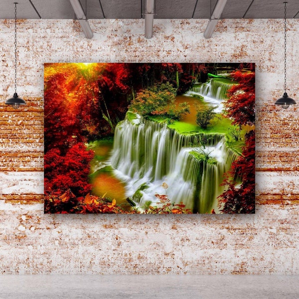 Autumn Forest Canvas Wall Art Waterfall,Nature Painting,Fall Foliage Decor,Woodland Artwork,Landscape Print,Nature Wall Decor