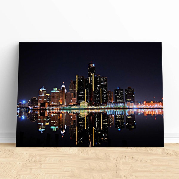 Detroit Skyline At Night Canvas Design.Cityscape Painting.Urban Wall Decor.Night Lights Art.Modern Skyline.Detroit Home Decor