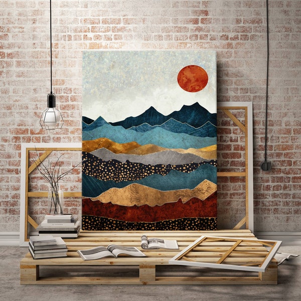 Nordic Mountain Wall Art, Mid Century Modern Canvas Wall Art With Frame For Bedroom And Living Room,Nature wall print,Abstract Nature Art