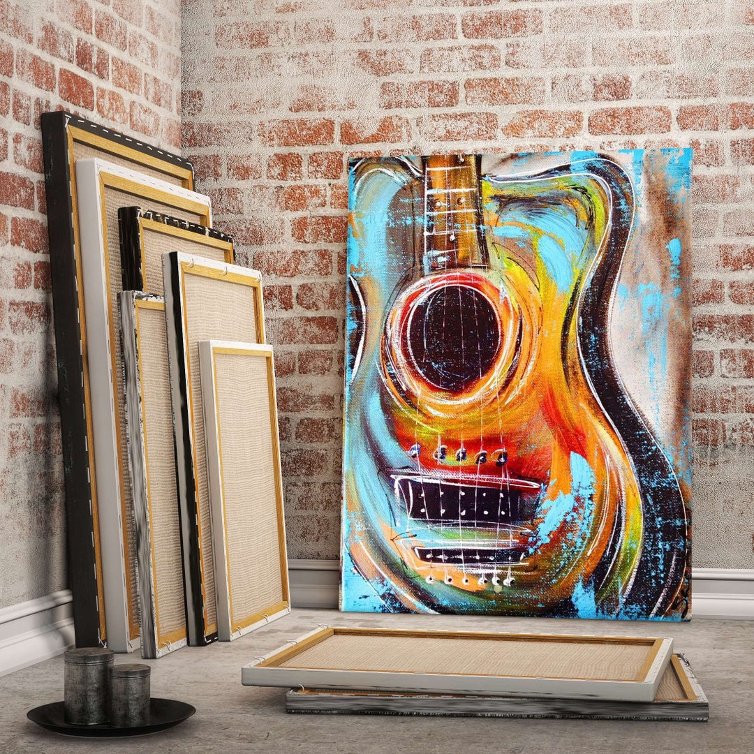 Oil Painting Textured Painting, Colorful Guitar Canvas Painting Wall