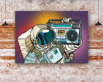 Astronaut With Boombox Canvas Print,Space Canvas,Retro Style,Music Wall Art,Galaxy Art,Astronaut Decor,Cosmic Print