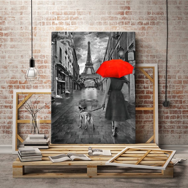 Red Umbrella Couple Wall Art,Eiffel Tower with Red Umbrella Canvas,Trendy Wall Art,Paris Home Decor Painting,Modern Painting,Bedroom Wall