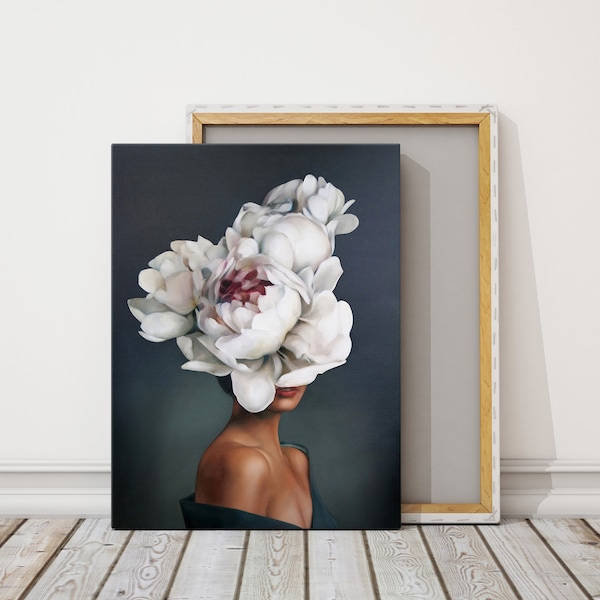 Woman With Flower Head Canvas Painting, Roses And Woman Print, Flower Woman Poster, Flowers And Woman Painting,vintage Wall Art,Office Decor