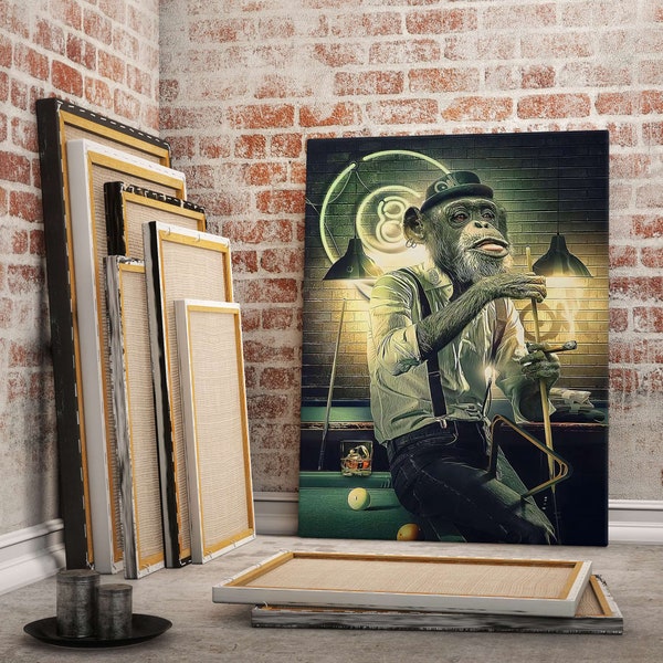 Billiards Player Monkey Wall Art Painting, Fun Monkey Painting, Canvas Wall Decoration,Billiard Room Poster,Wall Decoration, Home Decoration