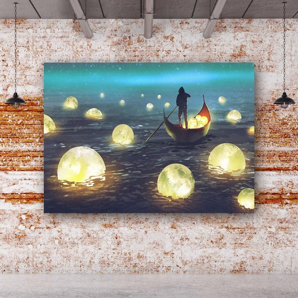 Boat In Night Canvas Wall Art Painting, Canvas Wall Decoration, Moon Collector Canvas Painting, Living Room Decoration, Home Decoration