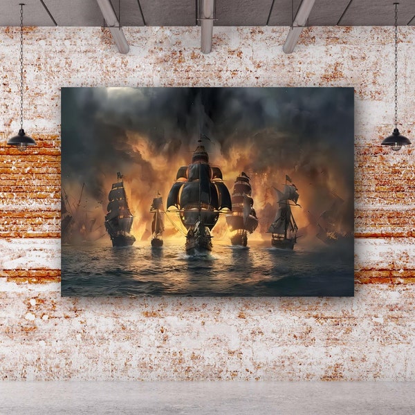 Pirate Ship In Flames Oil Painting Wall Prints,sailing War Canvas Wall Art, Burning Ship Art Work, Sailing Room Art,oil Paintingart