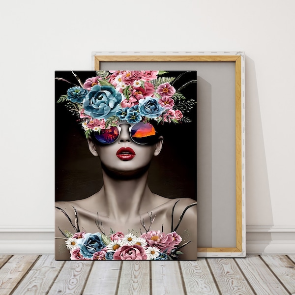 Wall art painting of girl in sunglasses and girl with flower on head, funny woman, woman on canvas, female canvas wall art, home decor