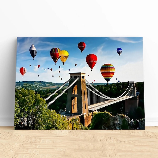 Hot air balloon canvas art,scenic landscape art,fascinating hot air balloon painting near a bridge,colorful print for sky adventure