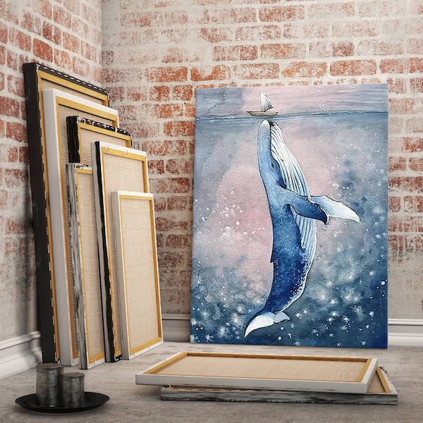 Big Whale And Boat Canvas Wall Art Painting, Canvas Wall Decoration, Marine Painting, Whale Poster, Living Room Wall Art, Home Decor