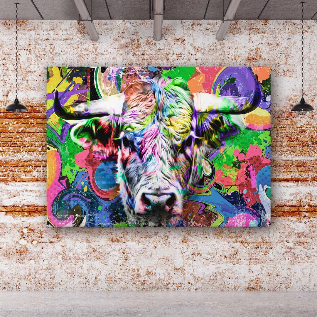 Colorful Highland Cow Canvas Wall Art Painting, Animal Canvas Wall