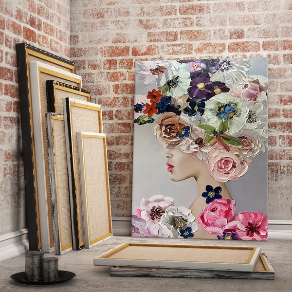 Arte della parete della tela femminile con i fiori, arte della parete del fiore personalizzata, arte della parete del fiore 3D, pittura del fiore rosa, decorazione della parete del fiore, tela del soggiorno