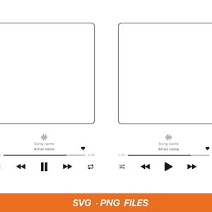 Könnte beinhalten: Zwei Schwarzweißillustrationen einer Musikplayer-Oberfläche mit Songtitel, Künstlername und Wiedergabesteuerungen. Die Steuerelemente umfassen eine Wiedergabetaste, eine Pause-Taste, eine Vorwärtsspultaste, eine Rückwärtsspultaste, eine Wiederholungstaste und eine Shuffle-Taste.