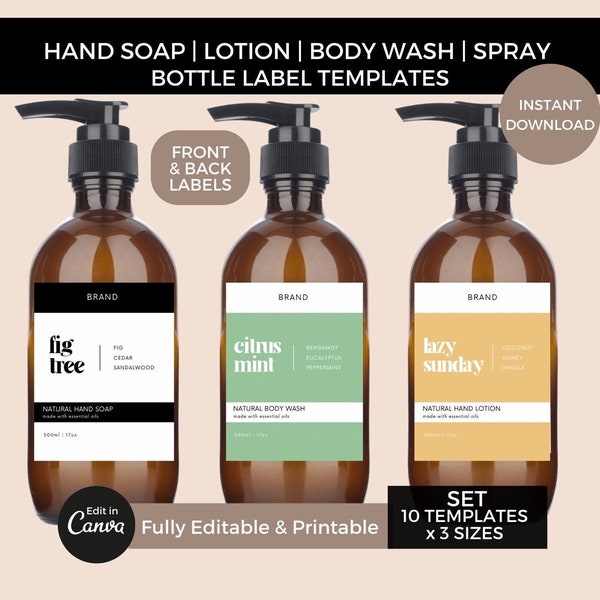 Hand Soap Bottle Labels Template Editable, Hand Wash Body Lotion Dish Soap Room Spray Shampoo Label Printable, Custom Design Canva Template