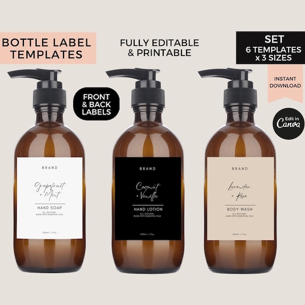 Editable Hand Soap Bottle Labels Template Canva, Hand Wash Body Lotion Dish Soap Room Spray Shampoo Label Stickers, Bath Product Labels Tags