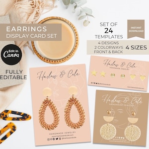 Modelo de cartão de exibição de brincos editável Canva, cartões de etiqueta de brincos para impressão, suporte para brincos pendurados, quadro de pinos de brinco, estética boho